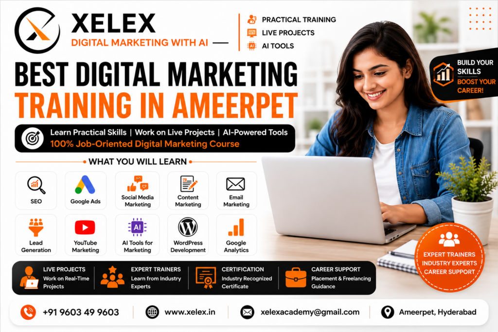 Students learning the Best Digital Marketing Training in Ameerpet through SEO, Google Ads, Social Media Marketing, AI Tools, WordPress, live projects, and career-focused training at XELEX Academy.