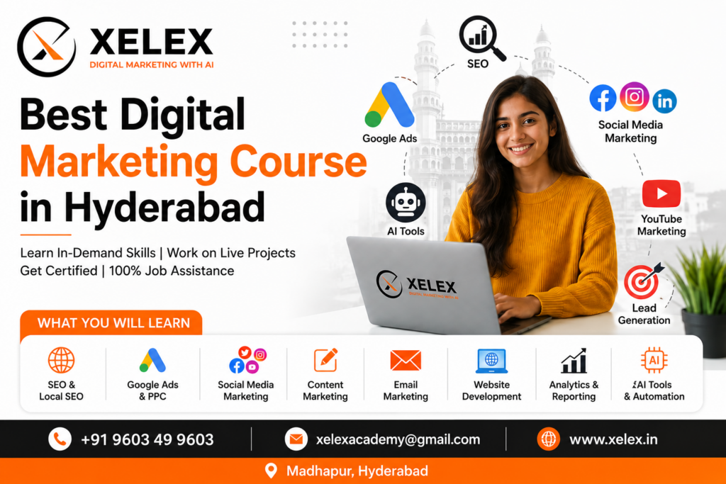 Students learning the Best Digital Marketing Course in Hyderabad at XELEX Academy with practical training in SEO, Google Ads, Social Media Marketing, AI Tools, Content Marketing, YouTube Marketing, live projects, internship support, and career guidance for job-ready digital marketing skills.