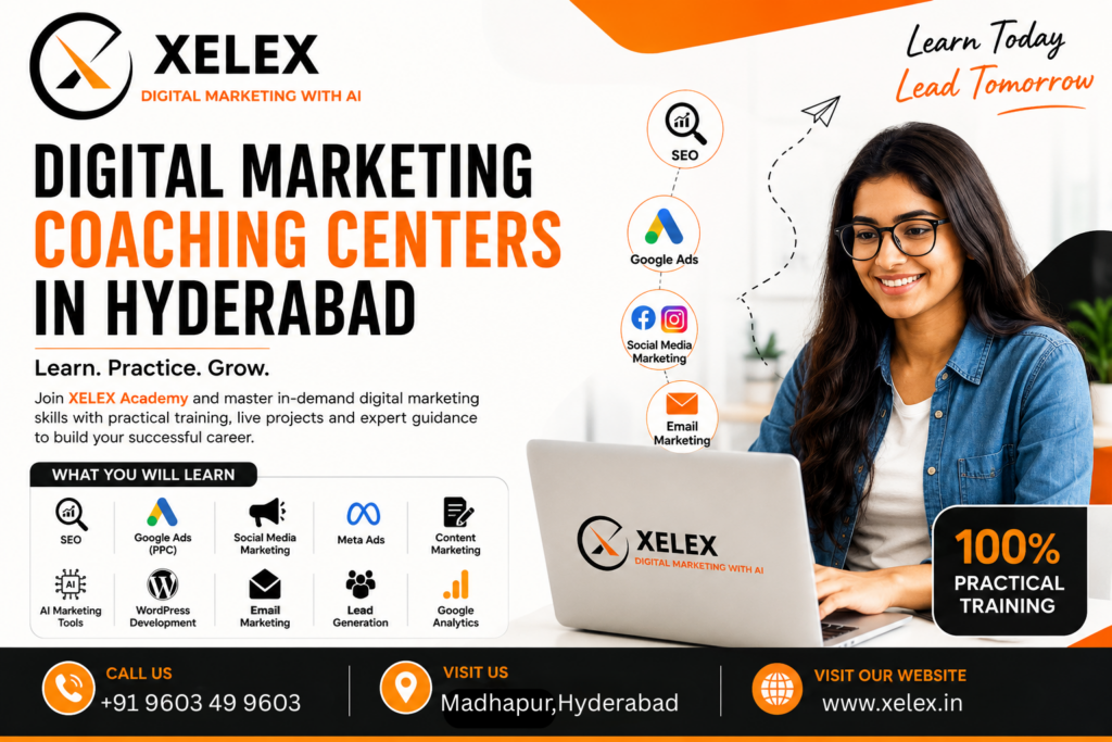 Digital Marketing Coaching Centers in Hyderabad with practical SEO, Google Ads, AI tools, and live project training at XELEX Academy.